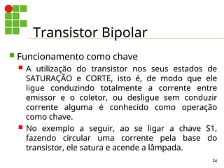 Transistor Bipolar
24
 Funcionamento como chave
 A utilização do transistor nos seus estados de
SATURAÇÃO e CORTE, isto é, de modo que ele
ligue conduzindo totalmente a corrente entre
emissor e o coletor, ou desligue sem conduzir
corrente alguma é conhecido como operação
como chave.
 No exemplo a seguir, ao se ligar a chave S1,
fazendo circular uma corrente pela base do
transistor, ele satura e acende a lâmpada.
 