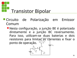 Transistor Bipolar
31
 Circuito de Polarização em Emissor
Comum
 Nesta configuração, a junção BE é polarizada
diretamente e a junção BC reversamente.
Para isso, utilizam-se duas baterias e dois
resistores para limitar as correntes e fixar o
ponto de operação.
E
B
C
IB
IC
VCC
VBB
RB
RC
IE
 