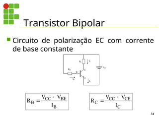 Transistor Bipolar
34
 Circuito de polarização EC com corrente
de base constante
E
B
C
IB
IC
VCC
RB
RC
IE
R
V V
I
B
CC BE
B


R
V V
I
C
CC CE
C


 