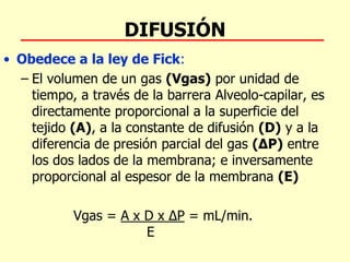DIFUSIÓN
• Obedece a la ley de Fick:
– El volumen de un gas (Vgas) por unidad de
tiempo, a través de la barrera Alveolo-capilar, es
directamente proporcional a la superficie del
tejido (A), a la constante de difusión (D) y a la
diferencia de presión parcial del gas (ΔP) entre
los dos lados de la membrana; e inversamente
proporcional al espesor de la membrana (E)
Vgas = A x D x ΔP = mL/min.
E
 