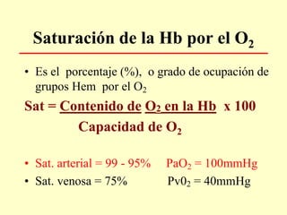 Saturación de la Hb por el O2
• Es el porcentaje (%), o grado de ocupación de
grupos Hem por el O2
Sat = Contenido de O2 en la Hb x 100
Capacidad de O2
• Sat. arterial = 99 - 95% PaO2 = 100mmHg
• Sat. venosa = 75% Pv02 = 40mmHg
 