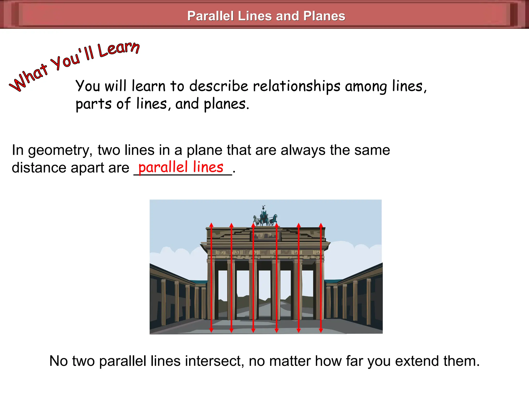 Parallel Lines and Planes
Parallel Lines and Planes
You will learn to describe relationships among lines,
parts of lines, and planes.
In geometry, two lines in a plane that are always the same
distance apart are ____________.
parallel lines
No two parallel lines intersect, no matter how far you extend them.
 