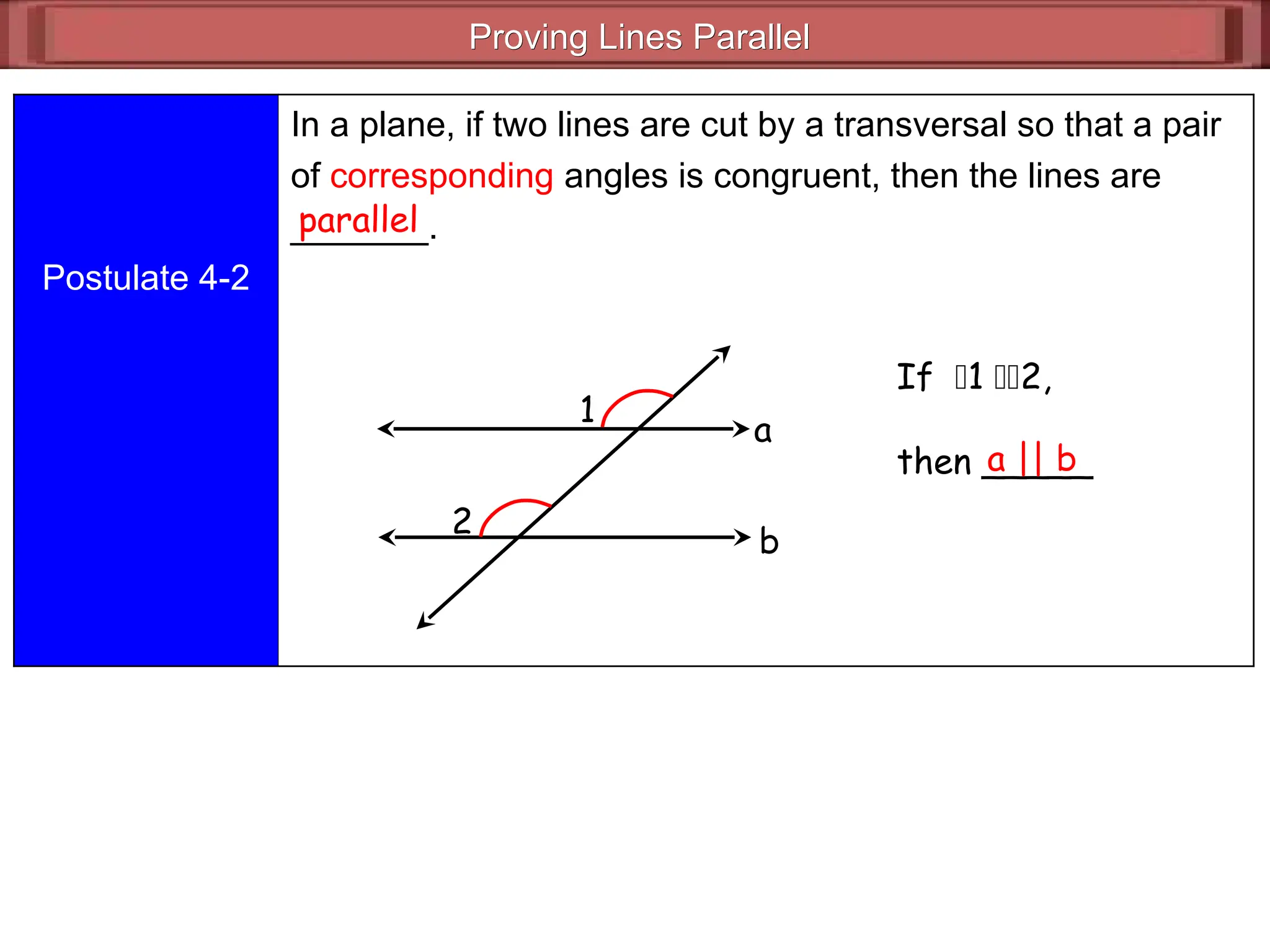 Proving Lines Parallel
Proving Lines Parallel
Postulate 4-2
In a plane, if two lines are cut by a transversal so that a pair
of corresponding angles is congruent, then the lines are
_______.
parallel
If 1 2,
then _____
a || b
1
2
a
b
 