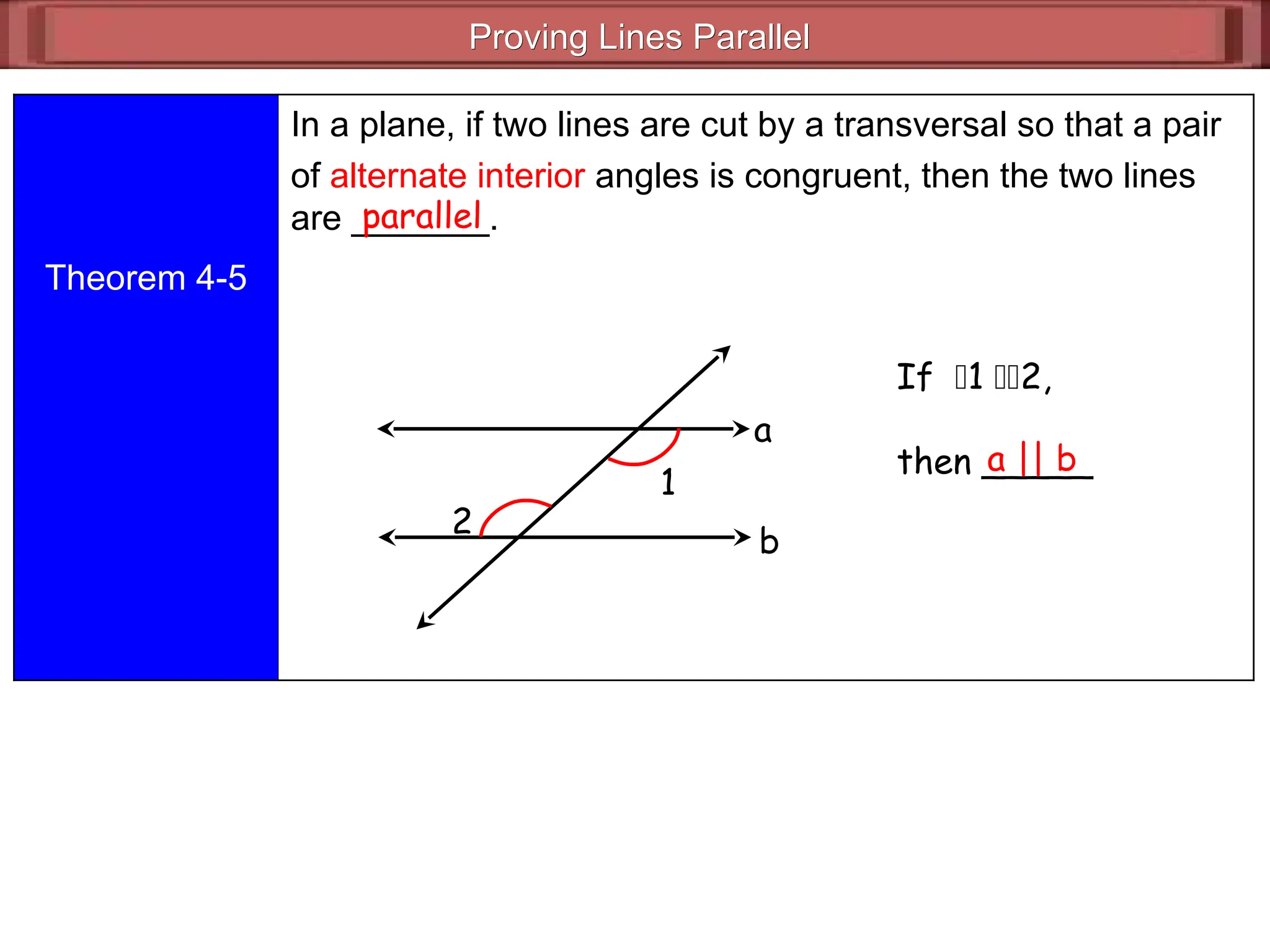 Proving Lines Parallel
Proving Lines Parallel
Theorem 4-5
In a plane, if two lines are cut by a transversal so that a pair
of alternate interior angles is congruent, then the two lines
are _______.
parallel
If 1 2,
then _____
a || b
1
2
a
b
 