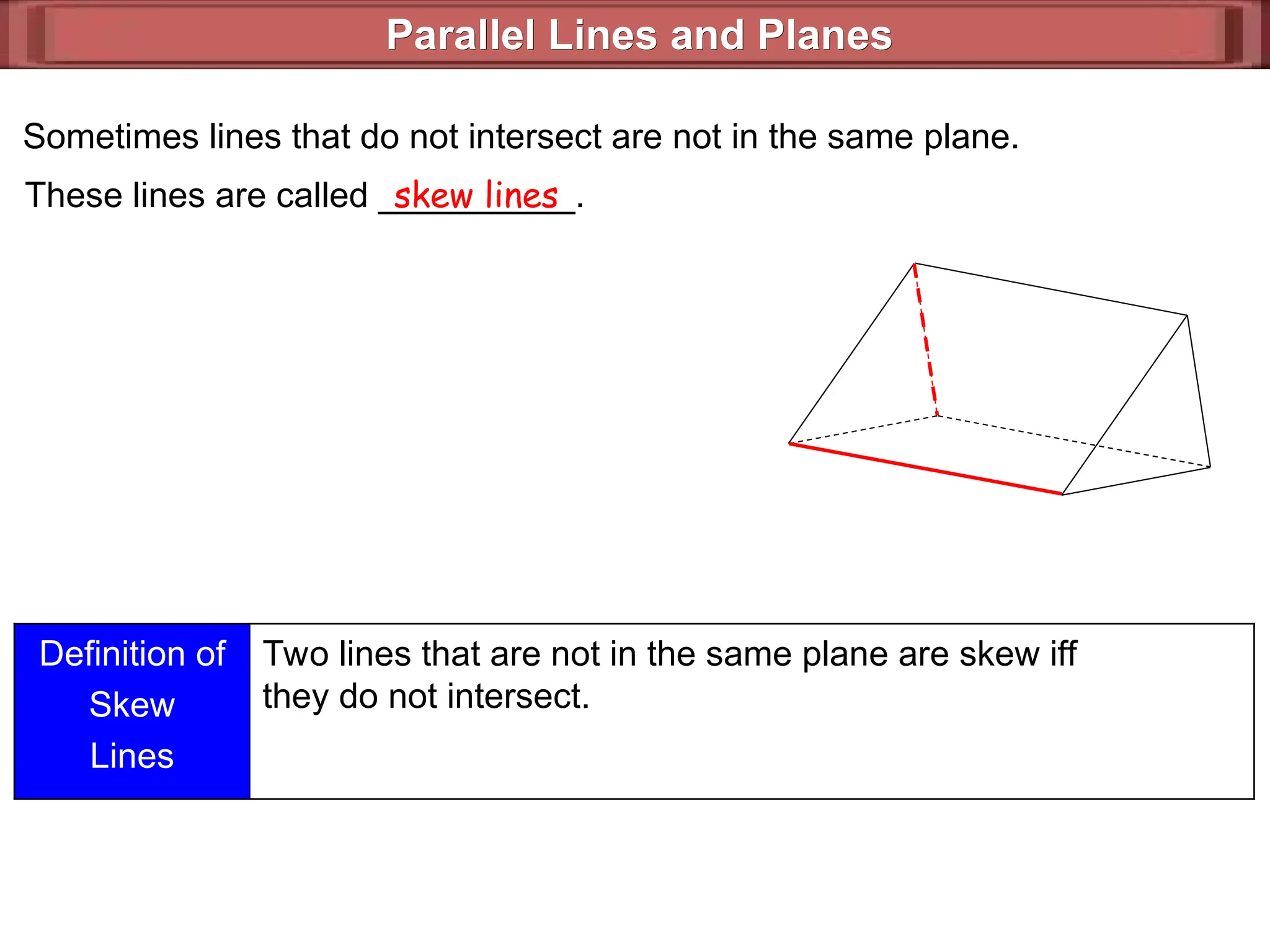 Parallel Lines and Planes
Parallel Lines and Planes
Sometimes lines that do not intersect are not in the same plane.
These lines are called __________.
skew lines
Definition of
Skew
Lines
Two lines that are not in the same plane are skew iff
they do not intersect.
 