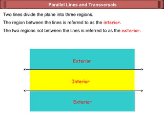 Parallel Lines and Transversals
Parallel Lines and Transversals
Two lines divide the plane into three regions.
The region between the lines is referred to as the interior.
The two regions not between the lines is referred to as the exterior.
Exterior
Exterior
Interior
 