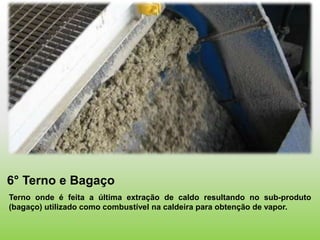 6° Terno e Bagaço
Terno onde é feita a última extração de caldo resultando no sub-produto
(bagaço) utilizado como combustível na caldeira para obtenção de vapor.
 