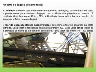 Amostra do bagaço do sexto terno:

Umidade: utilizada para determinar a embebição do bagaço para retirada do caldo
e prévio envio para caldeira. Bagaço com umidade alta prejudica a queima. A
umidade ideal fica entre 48% - 52%. ( Umidade baixa indica baixa extração de
sacarose e falha na embebição)

Teor de Sacarose (leitura sacarimétrica): determina o teor de sacarose no caldo
extraído. Esse valor é necessário para calcular Pol % CE. Esse valor obtido indica se
a extração de caldo do da cana foi satisfatória. Seu valor fica entre 1,0 – 4,0 sendo
o teor mais baixo melhor .
 