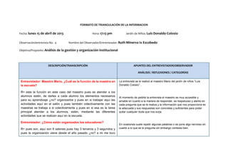 FORMATO DE TRIANGULACIÓN DE LA INFORMACION
Fecha: lunes 15 de abril de 2013 Hora: 17:13 pm Jardín de Niños: Luis Donaldo Colosio
Observación/entrevista No. 4 Nombre del Observador/Entrevistador: Ruth Minerva Ix Escobedo
Objetivo/Propósito: Análisis de la gestión y organización institucional
DESCRIPCIÓN/TRANSCRIPCIÓN APUNTES DEL ENTREVISTADOR/OBSERVADOR
ANÁLISIS / REFLEXIONES / CATEGORÍAS
Entrevistador: Maestro Mario, ¿Cuál es la función de la maestra en
la escuela?
R= este la función en este caso del maestro pues es atender a los
alumnos estén, de darles a cada alumno los elementos necesarios
para su aprendizaje ¿no? organizarlos y pues en si trabajar aquí las
actividades aquí en el salón y pues también colectivamente con las
maestras se trabaja a si colectivamente y pues en si esa es la tarea
principal atender a los alumnos, estén, mediante las diferentes
actividades que se realizan aquí en la escuela.
Entrevistador: ¿Cómo están organizados los educadores?
R= pues son, aquí son 6 salones pues hay 3 terceros y 3 segundos y
pues la organización viene desde el año pasado ¿no? a mi me toco
La entrevista se le realizó al maestro Mario del jardín de niños “Luis
Donaldo Colosio” .
Al momento de pedirle la entrevista el maestro es muy accesible y
amable en cuanto a la manera de responder, es respetuoso y atento en
cada pregunta que se le realiza y la información que nos proporciona es
la adecuada y sus respuestas son concretas y suficientes para poder
quitar cualquier duda que nos surja.
En ocasiones suele repetir algunas palabras o se pone algo nervioso en
cuanto a lo que se le pregunta sin embargo contesta bien.
 