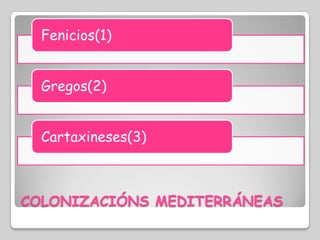 Fenicios(1)


  Gregos(2)


  Cartaxineses(3)



COLONIZACIÓNS MEDITERRÁNEAS
 
