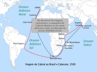No decorrer da viagem,
entretanto, a esquadra de
Cabral afastou-se da costa
africana, indo em direção às
terras AMERICANAS.
 