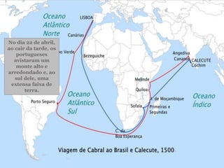 No dia 22 de abril,
ao cair da tarde, os
portugueses
avistaram um
monte alto e
arredondado e, ao
sul dele, uma
extensa faixa de
terra.
 