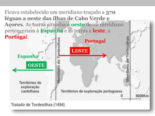 Ficava estabelecido um meridiano traçado a 370
léguas a oeste das ilhas de Cabo Verde e
Açores. As terras situadas a oeste desse meridiano
pertenceriam à Espanha e as terras a leste, a
Portugal.
LESTE
OESTE
Portugal
Espanha
 