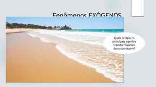 Fenômenos EXÓGENOS
Quais seriam os
principais agentes
transformadores
dessa paisagem?
 