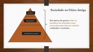 Sociedade na China Antiga
Nobres
Mercadores
Trabalhadores pobres
Em épocas de guerra todos os
membros da sociedade eram
recrutados para lutar no exército
e defender o território.
 
