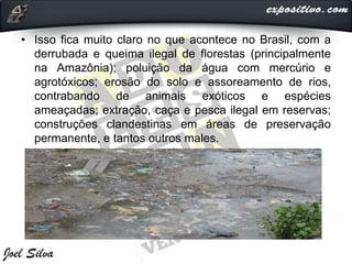 • Isso fica muito claro no que acontece no Brasil, com a
derrubada e queima ilegal de florestas (principalmente
na Amazônia); poluição da água com mercúrio e
agrotóxicos; erosão do solo e assoreamento de rios,
contrabando de animais exóticos e espécies
ameaçadas; extração, caça e pesca ilegal em reservas;
construções clandestinas em áreas de preservação
permanente, e tantos outros males.
 