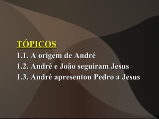 TÓPICOS
1.1. A origem de André
1.2. André e João seguiram Jesus
1.3. André apresentou Pedro a Jesus
 