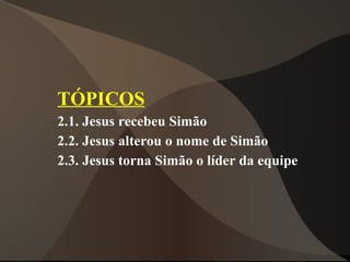 TÓPICOS
2.1. Jesus recebeu Simão
2.2. Jesus alterou o nome de Simão
2.3. Jesus torna Simão o líder da equipe
 