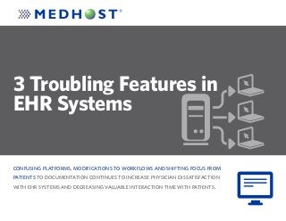 CONFUSING PLATFORMS, MODIFICATIONS TO WORKFLOWS AND SHIFTING FOCUS FROM
PATIENTS TO DOCUMENTATION CONTINUES TO INCREASE PHYSICIAN DISSATISFACTION
WITH EHR SYSTEMS AND DECREASING VALUABLE INTERACTION TIME WITH PATIENTS.
3 Troubling Features in
EHR Systems
 