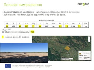 This project has received funding from the European Union's Horizon 2020
research and innovation programme under grant agreement No691846.
Демонстраційний майданчик – це сільськогосподарські землі з пісчаними,
супісчаними ґрунтами, що не обраблялися протягом 15 років.
Польові вимірювання
Хімічні елементи
N P K Ca Mg S Fe Mn Zn Cu Mo B Na
26 169 43 725 75 11 610 90 2,9 1,3 0,05 0,3 10
pHKCI : 5,20
EC mS/cm (електропровідність): 0,39
█ - низький рівень █ - високий
 