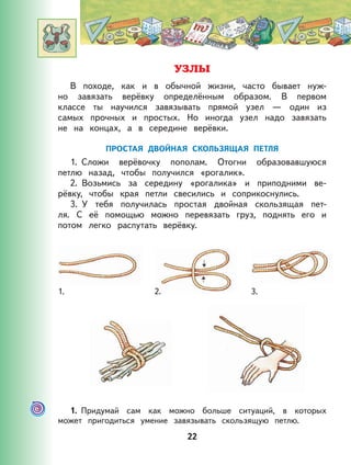 22
УЗЛЫ
В походе, как и в обычной жизни, часто бывает нуж-
но завязать верёвку определённым образом. В первом
классе ты научился завязывать прямой узел — один из
самых прочных и простых. Но иногда узел надо завязать
не на концах, а в середине верёвки.
ПРОСТАЯ ДВОЙНАЯ СКОЛЬЗЯЩАЯ ПЕТЛЯ
1. Сложи верёвочку пополам. Отогни образовавшуюся
петлю назад, чтобы получился «рогалик».
2. Возьмись за середину «рогалика» и приподними ве-
рёвку, чтобы края петли свесились и соприкоснулись.
3. У тебя получилась простая двойная скользящая пет-
ля. С её помощью можно перевязать груз, поднять его и
потом легко распутать верёвку.
1. Придумай сам как можно больше ситуаций, в которых
может пригодиться умение завязывать скользящую петлю.
1. 2. 3.
 