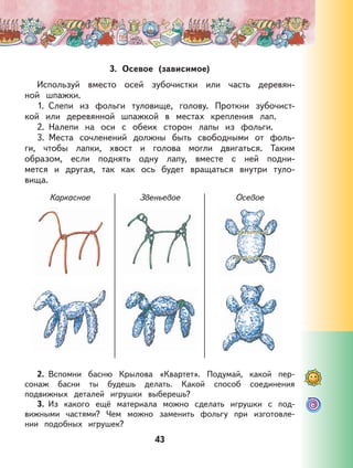 43
3. Осевое (зависимое)
Используй вместо осей зубочистки или часть деревян-
ной шпажки.
1. Слепи из фольги туловище, голову. Проткни зубочист-
кой или деревянной шпажкой в местах крепления лап.
2. Налепи на оси с обеих сторон лапы из фольги.
3. Места сочленений должны быть свободными от фоль-
ги, чтобы лапки, хвост и голова могли двигаться. Таким
образом, если поднять одну лапу, вместе с ней подни-
мется и другая, так как ось будет вращаться внутри туло-
вища.
Каркасное Звеньевое Осевое
2. Вспомни басню Крылова «Квартет». Подумай, какой пер-
сонаж басни ты будешь делать. Какой способ соединения
подвижных деталей игрушки выберешь?
3. Из какого ещё материала можно сделать игрушки с под-
вижными частями? Чем можно заменить фольгу при изготовле-
нии подобных игрушек?
 