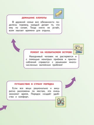 ПУТЕШЕСТВИЕ В СТРАНУ ПОРЯДКА
Если все вещи рационально и акку-
ратно разложены по местам, это очень
экономит время. Порядок создаёт удоб-
ство и комфорт.
РЕМОНТ НА НЕОБИТАЕМОМ ОСТРОВЕ
Находчивый человек не растеряется и
с помощью нехитрых приёмов и приспо-
соблений справится с решением много-
численных житейских проблем!
ДОМАШНИЕ ХЛОПОТЫ
В дружной семье все обязанности по-
делены поровну, каждый делает то, что
ему по силам. Тогда никто не устаёт,
всем хватает времени для отдыха.
 