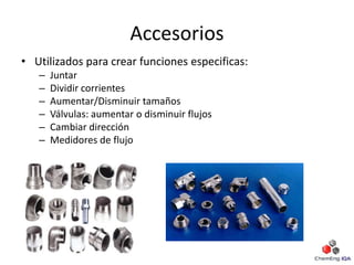 Accesorios
• Utilizados para crear funciones especificas:
– Juntar
– Dividir corrientes
– Aumentar/Disminuir tamaños
– Válvulas: aumentar o disminuir flujos
– Cambiar dirección
– Medidores de flujo
 