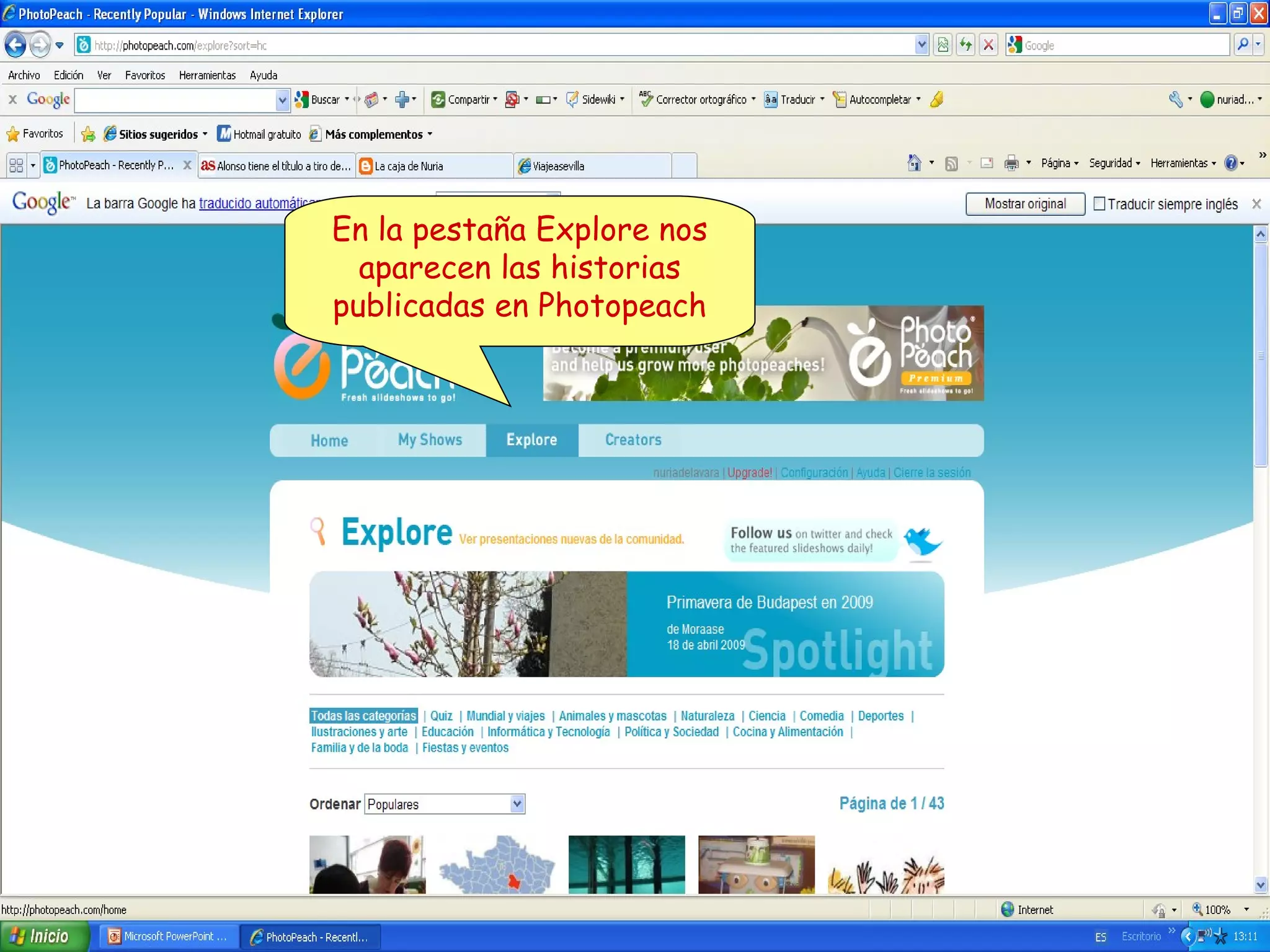 En la pestaña Explore nos
aparecen las historias
publicadas en Photopeach

 