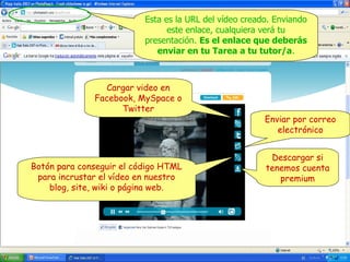 Esta es la URL del vídeo creado. Enviando
este enlace, cualquiera verá tu
presentación. Es el enlace que deberás
enviar en tu Tarea a tu tutor/a.

Cargar video en
Facebook, MySpace o
Twitter

Botón para conseguir el código HTML
para incrustar el vídeo en nuestro
blog, site, wiki o página web.

Enviar por correo
electrónico
Descargar si
tenemos cuenta
premium

 
