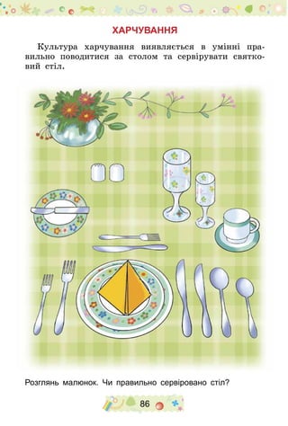 86
Харчування
Культура харчування виявляється в умінні пра-
вильно поводитися за столом та сервірувати святко-
вий стіл.
Розглянь малюнок. Чи правильно сервіровано стіл?
 