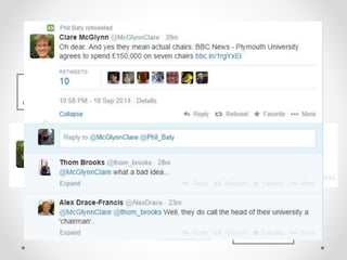 Anatomy of a Tweet 
Reply: 
Click to reply to 
a tweet 
More: 
Use this to embed 
tweet in a website, 
or to report or block 
a user 
Favourite: 
Click to store tweet 
in your list of 
favourite tweets 
Retweeted by: 
appears when 
someone has 
retweeted the tweet 
User name 
User handle 
Time of tweet 
Retweet: 
Sends tweet to 
followers 
 