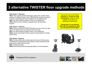 DCS Twister™ Standard
What: Floor upgrade performed through 3 steps over a period of 6-9
weeks (2-3 weeks per color). Each TWISTER step requires normally 2-
3 weeks of operating with Floor Conditioner for an optimal result.
Why: Use when starting condition of floor is not satisfactory.
When: Most common method to upgrade floors. No extra labor
required
DCS Twister™ Intensive
What: Same process as TWISTER Standard, but ran during one night.
Approx 10 passes over the surface for each pad color.
Why: Use when starting condition of floor is not satisfactory.
When: Quick improvement of floor required. Demonstration of Twister
Important to note is that Twister
primarily is a system for daily
maintenance – where an initial
upgrade of the gloss and
cleanliness is beneficiary!
If going back to conventional
pads after the upgrade the gloss
and cleanliness will fall again!
3 alternative TWISTER floor upgrade methods
Professional Floor Systems
When: Quick improvement of floor required. Demonstration of Twister
performance.
DCS Twister™ Extreme
What: Dry polish floor with a High speed machine and Twister green.
Complement to Standard/Intensive method or daily maintenance with
green pad to further improve result
Why: Increase the gloss
When: Demanding customers/ typically effective in demonstrations
 