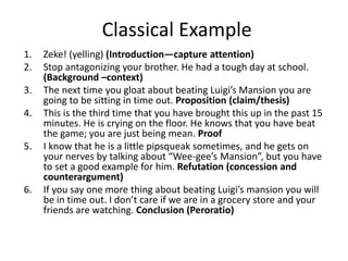 1. Zeke! (yelling) (Introduction—capture attention)
2. Stop antagonizing your brother. He had a tough day at school.
(Background –context)
3. The next time you gloat about beating Luigi’s Mansion you are
going to be sitting in time out. Proposition (claim/thesis)
4. This is the third time that you have brought this up in the past 15
minutes. He is crying on the floor. He knows that you have beat
the game; you are just being mean. Proof
5. I know that he is a little pipsqueak sometimes, and he gets on
your nerves by talking about “Wee-gee’s Mansion”, but you have
to set a good example for him. Refutation (concession and
counterargument)
6. If you say one more thing about beating Luigi’s mansion you will
be in time out. I don’t care if we are in a grocery store and your
friends are watching. Conclusion (Peroratio)
Classical Example
 