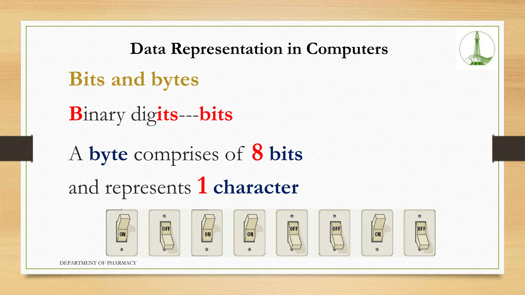 Bits and bytes
Binary digits---bits
A byte comprises of 8 bits
and represents 1 character
Data Representation in Computers
DEPARTMENT OF PHARMACY
 