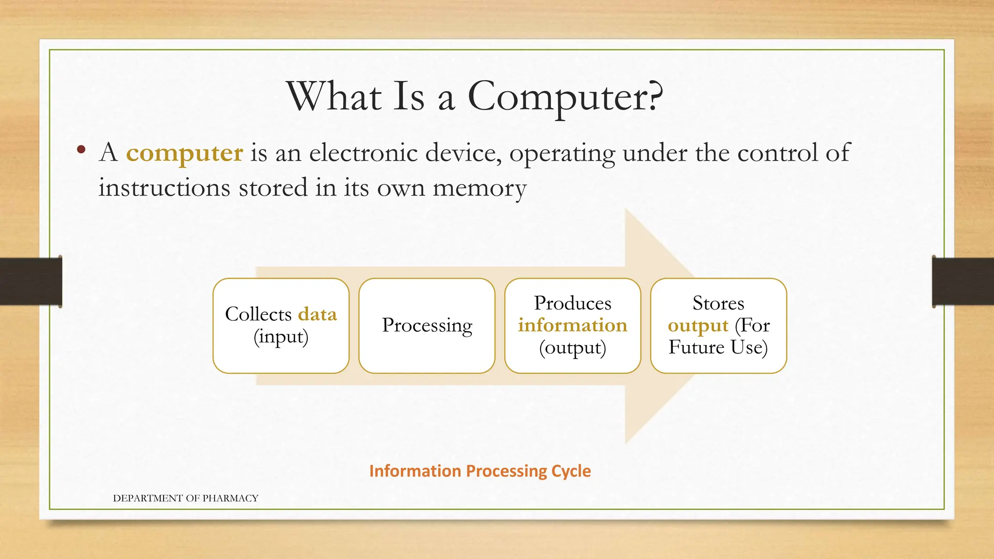 What Is a Computer?
• A computer is an electronic device, operating under the control of
instructions stored in its own memory
Collects data
(input)
Processing
Produces
information
(output)
Stores
output (For
Future Use)
Information Processing Cycle
DEPARTMENT OF PHARMACY
 
