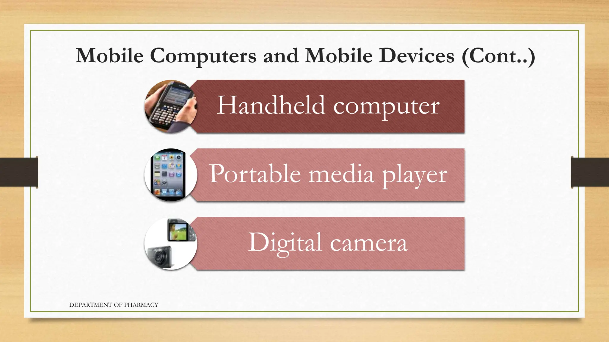 Mobile Computers and Mobile Devices (Cont..)
Handheld computer
Portable media player
Digital camera
DEPARTMENT OF PHARMACY
 