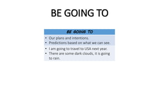 BE GOING TO
BE GOING TO
• Our plans and intentions.
• Predictions based on what we can see.
• I am going to travel to USA next year.
• There are some dark clouds, it is going
to rain.