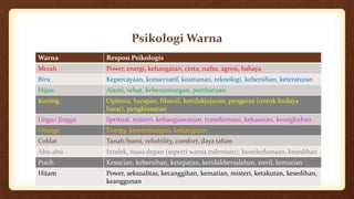 Psikologi Warna
Warna Respon Psikologis
Merah Power, energi, kehangatan, cinta, nafsu, agresi, bahaya
Biru Kepercayaan, konservatif, keamanan, teknologi, kebersihan, keteraturan
Hijau Alami, sehat, keberuntungan, pembaruan
Kuning Optimis, harapan, filosofi, ketidakjujuran, pengecut (untuk budaya
barat), penghianatan
Ungu/ Jingga Spritual, misteri, kebangsawanan, transformasi, kekasaran, keangkuhan
Orange Energy, keseimbangan, kehangatan
Coklat Tanah/bumi, reliability, comfort, daya tahan
Abu-abu Intelek, masa depan (seperti warna milenium), kesederhanaan, kesedihan
Putih Kesucian, kebersihan, ketepatan, ketidakbersalahan, steril, kematian
Hitam Power, seksualitas, kecanggihan, kematian, misteri, ketakutan, kesedihan,
keanggunan
 