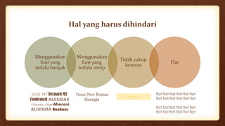 Hal yang harus dihindari
Menggunakan
font yang
terlalu banyak
Menggunakan
font yang
terlalu mirip
Tidak cukup
kontras
Flat
Curlz MT Bernard MT
Condensed Algerian
Edwadian Script Aharoni
algerian Bauhaus
Times New Roman
Georgia
kontras
flat flat flat flat flat flat
flat flat flat flat flat flat
flat flat flat flat flat flat
flat flat flat flat flat flat
 