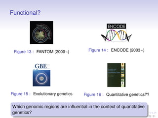 Functional?
Figure 13 : FANTOM (2000∼) Figure 14 : ENCODE (2003∼)
Figure 15 : Evolutionary genetics Figure 16 : Quantitati...