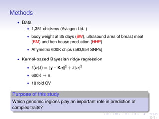 Methods
• Data
• 1,351 chickens (Aviagen Ltd. )
• body weight at 35 days (BW), ultrasound area of breast meat
(BM) and hen...