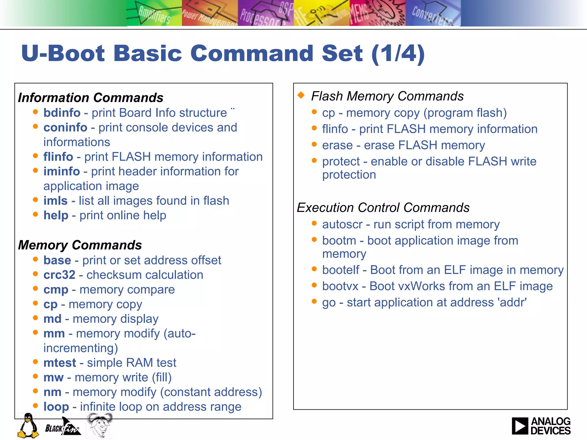 U-Boot Basic Command Set (1/4) Information Commands bdinfo  - print Board Info structure ¨  coninfo  - print console devices and informations flinfo  - print FLASH memory information iminfo  - print header information for application image imls  - list all images found in flash help  - print online help Memory Commands base  - print or set address offset crc32  - checksum calculation cmp  - memory compare cp  - memory copy md  - memory display mm  - memory modify (auto-incrementing) mtest  - simple RAM test mw  - memory write (fill) nm  - memory modify (constant address) loop  - infinite loop on address range Flash Memory Commands cp - memory copy (program flash) flinfo - print FLASH memory information erase - erase FLASH memory protect - enable or disable FLASH write protection Execution Control Commands autoscr - run script from memory  bootm - boot application image from memory bootelf - Boot from an ELF image in memory bootvx - Boot vxWorks from an ELF image go - start application at address 'addr' 