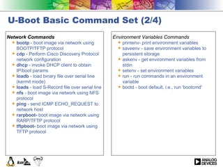 U-Boot Basic Command Set (2/4) Network Commands bootp  - boot image via network using BOOTP/TFTP protocol cdp  - Perform Cisco Discovery Protocol network configuration dhcp  - invoke DHCP client to obtain IP/boot params loadb  - load binary file over serial line (kermit mode) loads  - load S-Record file over serial line nfs  - boot image via network using NFS protocol ping  - send ICMP ECHO_REQUEST to network host rarpboot-  boot image via network using RARP/TFTP protocol tftpboot-  boot image via network using TFTP protocol Environment Variables Commands printenv- print environment variables saveenv - save environment variables to persistent storage askenv - get environment variables from stdin setenv - set environment variables run - run commands in an environment variable bootd - boot default, i.e., run 'bootcmd' 