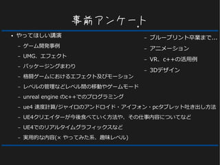 事前アンケート
● やってほしい講演
– ゲーム開発事例
– UMG、エフェクト
– パッケージングまわり
– 格闘ゲームにおけるエフェクト及びモーション
– レベルの管理などレベル間の移動やゲームモード
– unreal engine のc++でのプログラミング
– ue4 速度計算/ジャイロのアンドロイド・アイフォン・pcタブレット吐き出し方法
– UE4クリエイターが今後食べていく方法や、その仕事内容についてなど
– UE4でのリアルタイムグラフィックスなど
– 実用的な内容(× やってみた系、趣味レベル)
●
– ブループリント卒業まで...
– アニメーション
– VR、c++の活用例
– 3Dデザイン
 