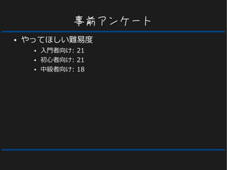 事前アンケート
● やってほしい難易度
● 入門者向け: 21
● 初心者向け: 21
● 中級者向け: 18
 