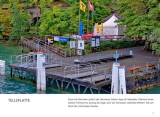 Etwa drei Kilometer südlich der Gemeinde Sisikon liegt die Tellsplatte. Während eines
starken Föhnsturms sprang der Sage nach der Schweizer Volksheld Wilhelm Tell vom
Boot des Landvogtes Gessler.
9
TELLSPLATTE
 