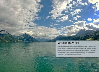Der Vierwaldstättersee umfasst eine Fläche von 114 km², da-
mit ist er der fünftgrößte See der Schweiz. Die Region ist geo-
graﬁsch und historisch das Kernstück der Schweiz. Die Was-
sertemperatur des Vierwaldstättersees steigt im Sommer bis
auf 22 °C und hat Trinkwasserqualität.
WILLKOMMEN
1
 