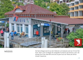 Der Name Weggis stammt aus dem Keltischen und bedeutet soviel wie “Ort der Fähr-
leute”. Nach Luzern ist Weggis der zweitgrößte Touristenort des Kantons Luzern. Be-
günstigt durch das milde Klima wird der Ort gerne auch als “Riviera der Zentral-
schweiz” bezeichnet.
22
WEGGIS
 