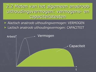 2.2 Meten van het algemeen anaëroob
uithoudingsvermogen: vermogens- en
          capaciteitstesten
►   Alactisch anaëroob uithoudingsvermogen: VERMOGEN
►   Lactisch anaëroob uithoudingsvermogen: CAPACITEIT

    Arbeid             Vermogen


                                           Capaciteit




                                               t
 